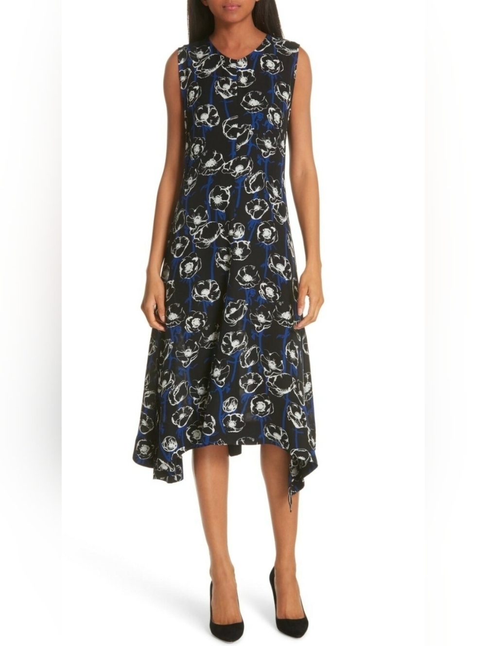 Theory Nophella Black Silk Floral Midi Dress with Blue and White Print Size 12